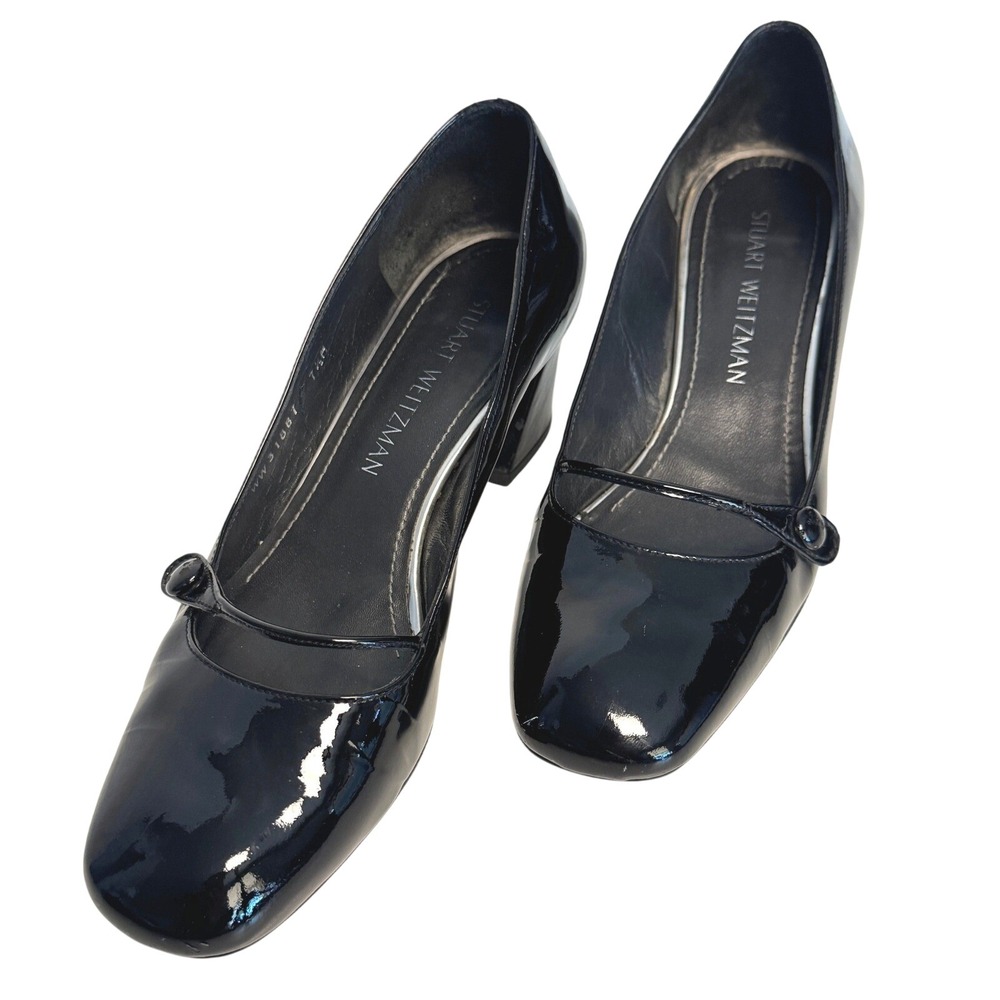 Stuart Weitzman Black Patent Leather Mary Jane Block Heel Pumps Square Toe 7.5M